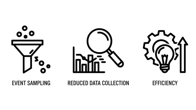 Business data processing and analytics icons representing event sampling reduced data collection system efficiency optimization magnifying glass white background analytics processing