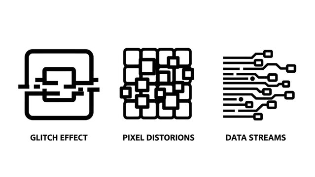 Digital glitch effect pixel distortions flowing data streams vector icons set representing abstract technology concepts with data analysis technology abstract disruption programming information