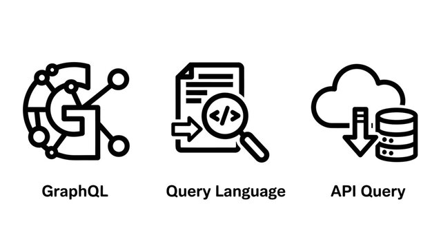 Graph ql query language api query icons set representing modern web development and data management concepts with graph ql programming development software frontend database connection internet