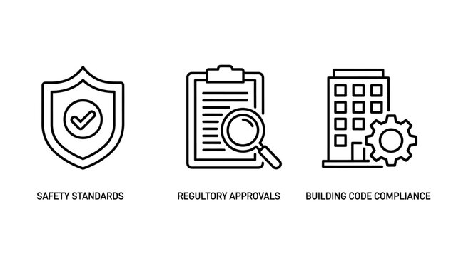 Safety standard regulatory approvals building code compliance outline icons for business and industry with magnifying glass corporate governance approval process legal requirements standard