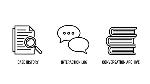Case history interaction log conversation archive outline icons for data management and business records with magnifying glass speech bubble customer service log file interaction conversation