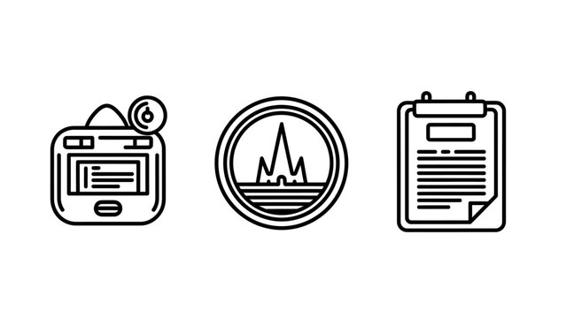 Line art icons for health monitoring device location compass administrative document clipboard health monitor white background black line health care health management medical device