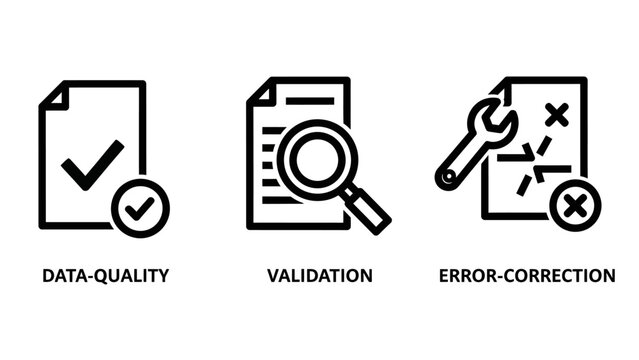 Data quality validation error correction process icons with magnifying glass quality control data management data analysis bug fix quality assurance document management line art black and whit