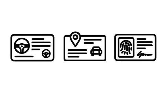 Driving license vehicle location fingerprint id card icons with map pin driver s permit personal data line art black and white identification location fingerprint signature authentication