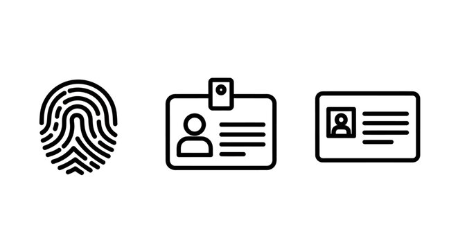Set of identification icons: fingerprint id card personal data symbols for security and access control data protection personal information digital security cyber security fingerprint