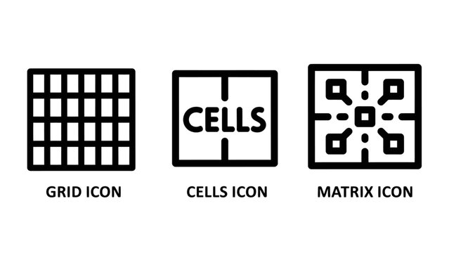 Set of grid cells matrix icons representing data structures and organizational patterns in digital systems with graphic design user interface structure organize computer programming development
