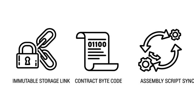 Line icons representing immutable storage links contract byte code assembly script synchronization in blockchain technology smart contract line art white background blockchain immutable