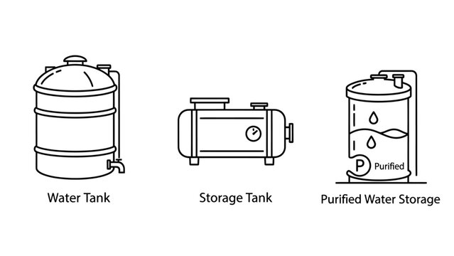 Industrial water storage tank icons featuring vertical reservoirs and horizontal pressure vessels for purification and liquid management industrial reservoir purification purified container