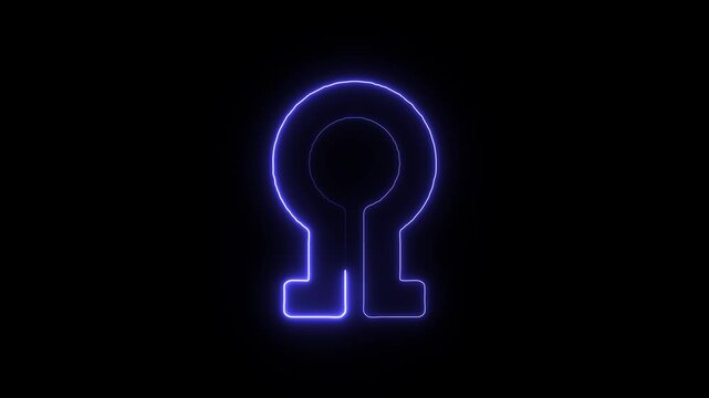 Blue neon circular shape with base on black background, a futuristic symbol featuring a top and two