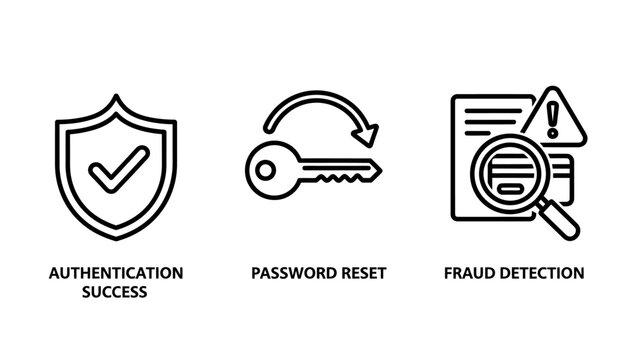 Cyber security and account protection icons set showing successful authentication password reset key and financial fraud detection with security authentication password detection protection