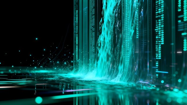 Digital waterfall with glowing data streams
