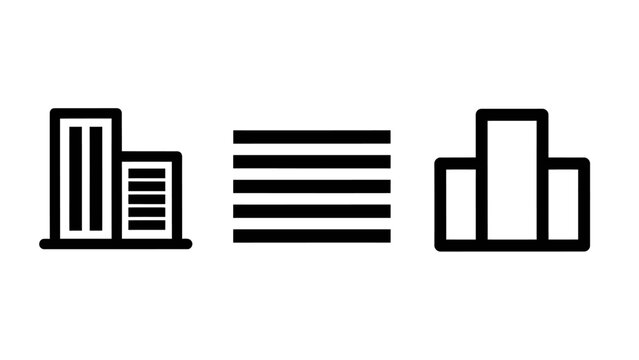 Minimalist graphic icon symbols showing urban city skyscrapers office buildings and horizontal bar alignment diagrams for architectural property development and real estate statistics with building