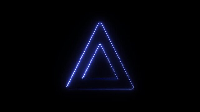 Blue neon triangle shape with inner triangle on black background, a outline of a with smaller