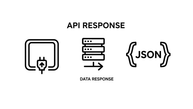 Api response and data processing icons illustrating server requests data transfer json code format response technology programming developer software protocol internet communication