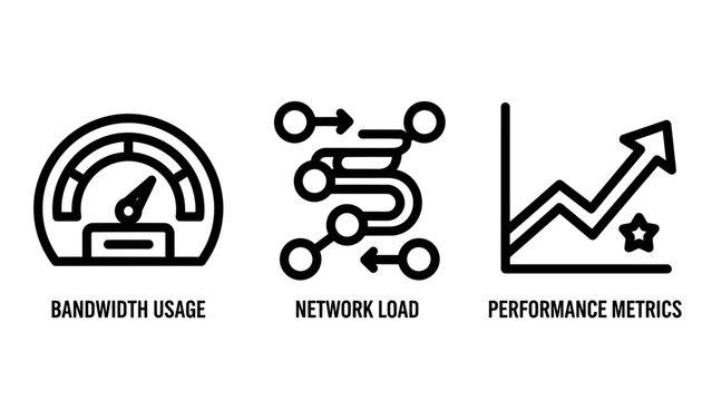 Digital network monitoring and infrastructure icons featuring a bandwidth usage speedometer gauge, network load traffic data flow, and performance metrics upward growth graph with a success star