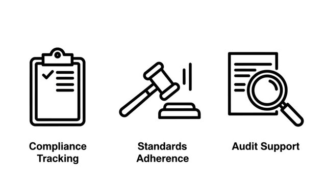 Legal regulatory compliance and audit icons featuring a tracking checklist clipboard standards adherence law gavel professional audit support search document with a magnifying glass compliance