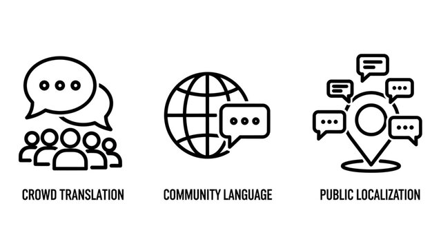 Global translation and community localization service icons set for international communication and language support with translation localization community language communication international