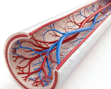 Anatomical illustration of the human liver with vascular system highlighted