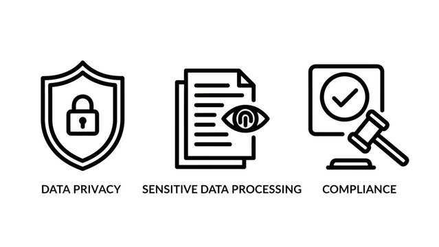 Data privacy and regulatory compliance icons set illustrating security protection sensitive data processing and legal standards security compliance protection document sensitive processing
