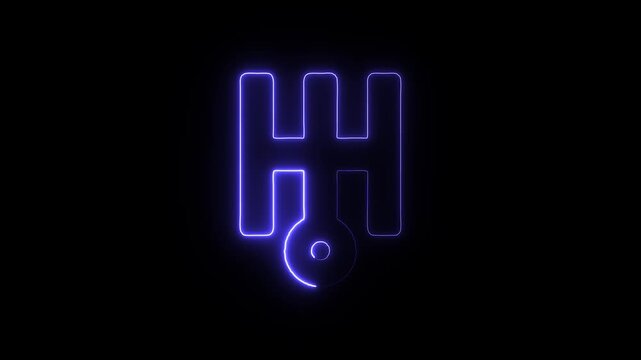 Blue neon gear shift lever icon glowing on black background a bright outline of a manual pulsates against pure