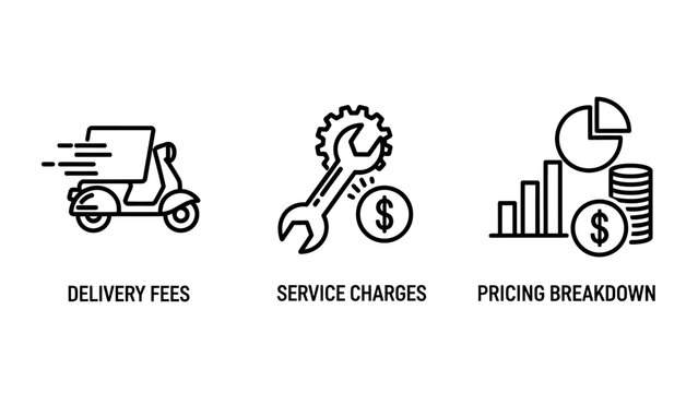 Service charges and pricing breakdown icons set featuring delivery fees maintenance costs and financial analysis delivery breakdown financial business analysis collection logistics transport