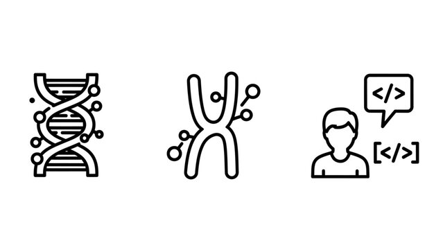 Biotechnology and bioinformatics icons featuring DNA helix chromosome and software coder chromosome biotechnology bioengineering programming developer software informatics sequence research