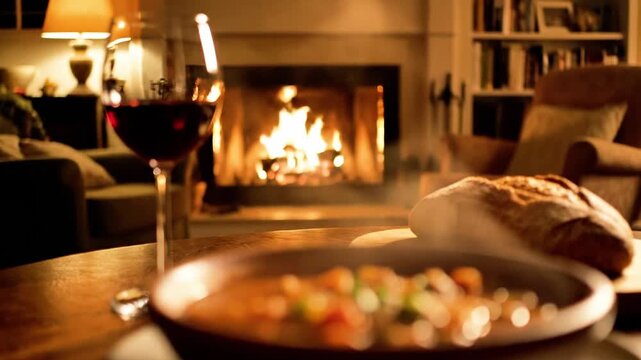 Cozy evening setup with a warm meal and drink by the fireplace
