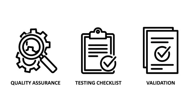 Quality assurance testing checklist and validation icon set with assurance checklist validation magnifying clipboard document checkbox approval verification compliance standard business