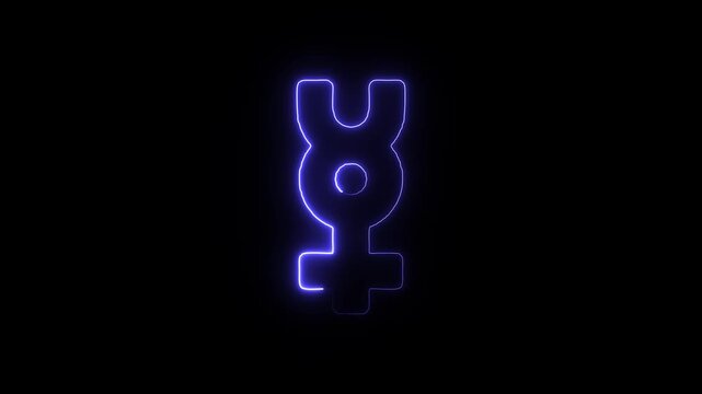 Blue neon mercury symbol glowing on black background the alchemical symbol for mercury rendered in neon stands