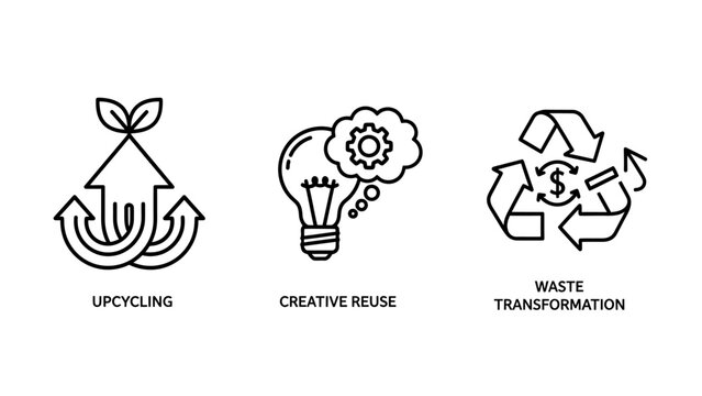 Set of line icons representing upcycling creative reuse waste transformation concepts upcycling transformation creative recycling sustainability environment innovation circular strategy