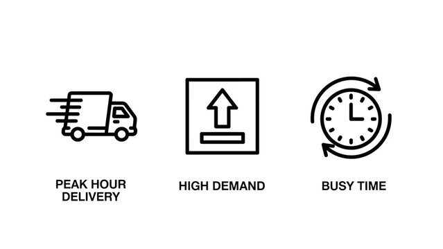 Logistics and delivery icons set showing peak hour delivery high demand and busy time with delivery logistics shipping transport management business commerce tracking distribution ecommerce