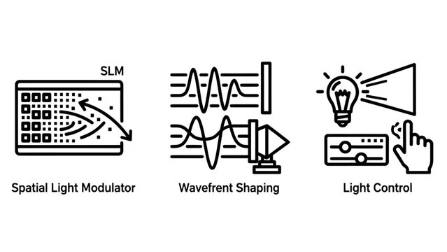Set of photonics and optical engineering technology icons with photonics modulation technology wavefront engineering adjustment interface laboratory research spectrum refraction reflection