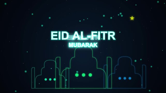 Eid Al Fitr Mubarak celebration background with animated glowing mosque