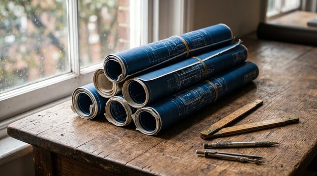 Rolled Architectural Blueprints on Wooden Desk