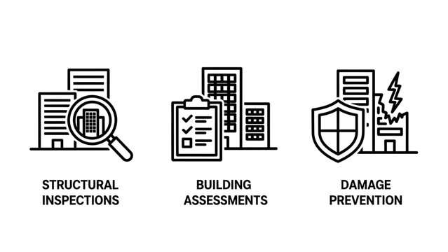 Set of property and structural engineering inspection icons with inspection building structure assessment prevention engineering maintenance property construction analysis protection