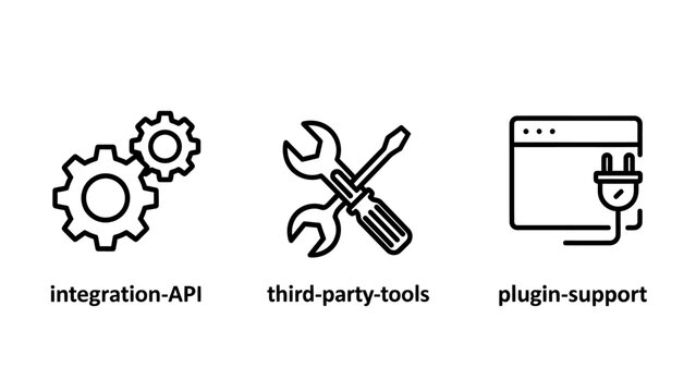 Integration api third-party software tools plugin support technology line icons with integration technology software development settings screwdriver internet connection programming interface