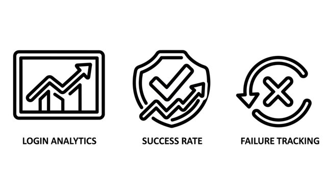 User login and success rate analytics icons with account management performance metrics user behavior analytics tracking security analysis checkmark performance statistics dashboard