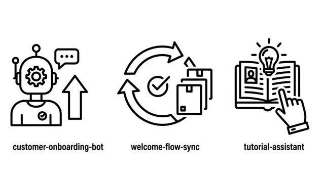 Customer onboarding bot welcome flow sync tutorial assistant icons with customer service artificial intelligence line art user experience onboarding tutorial assistant automation technology