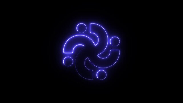 Blue neon community unity icon showing figures in circle on black background a symbol four abstract people