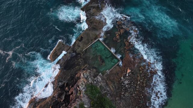 Aerial view of North Curl Curl rock pool in the morning, Sydney, Australia.