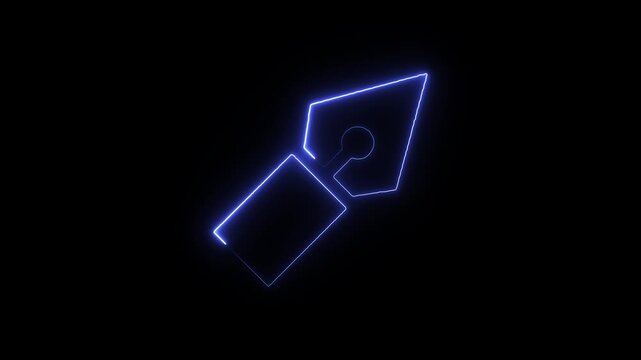 Bright blue neon glowing fountain pen nib outline icon on black background for creativity a stylized of a is shown
