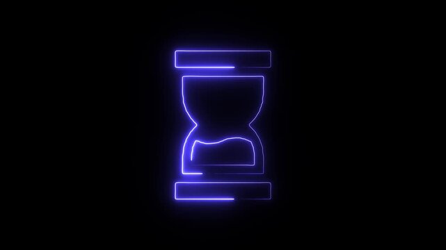 Blue neon glowing hourglass sand timer outline icon on black background representing time a classic or is outlined