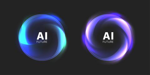 Futuristic glowing neon rings with fluid gradient shapes on dark background. AI technology concept, abstract circular frames, digital interface elements, sci-fi design composition. © Elizabeth Bryss
