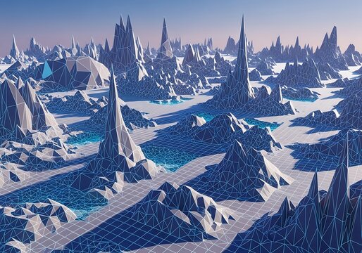 Abstract 3 d landscape with geometric mountains and wireframe textures