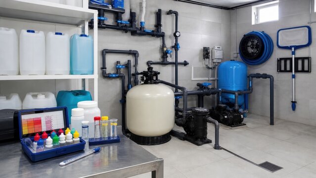 Working area in a water treatment facility with various equipment and tanks for filtration and chemical testing