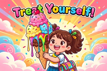 Fototapeta premium Treat Yourself Ice Cream Cartoon Girl Motivational Poster