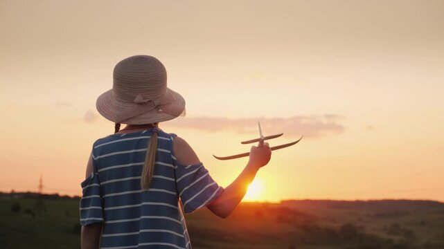 Little girl in hat playing with toy airplane during sunset in summer field.