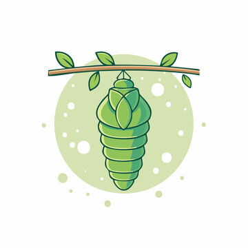 Green Chrysalis Hanging from Branch with Leaves