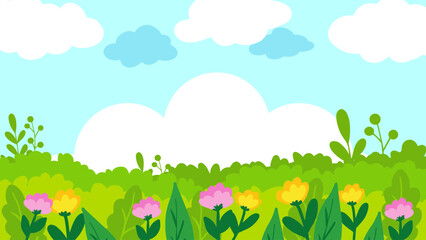 Fototapeta premium Summer Spring Nature Background with Green Field Flowers. Perfect for kids designs, educational materials, seasonal spring or summer themes, game backgrounds, and cheerful outdoor scenes.