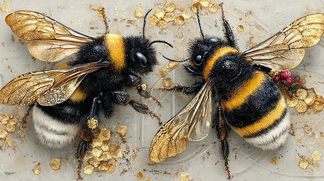 Artistic illustration of bumble bees dancing together with gold foiled accents on a faded black and grey textured background for a luxury feel.